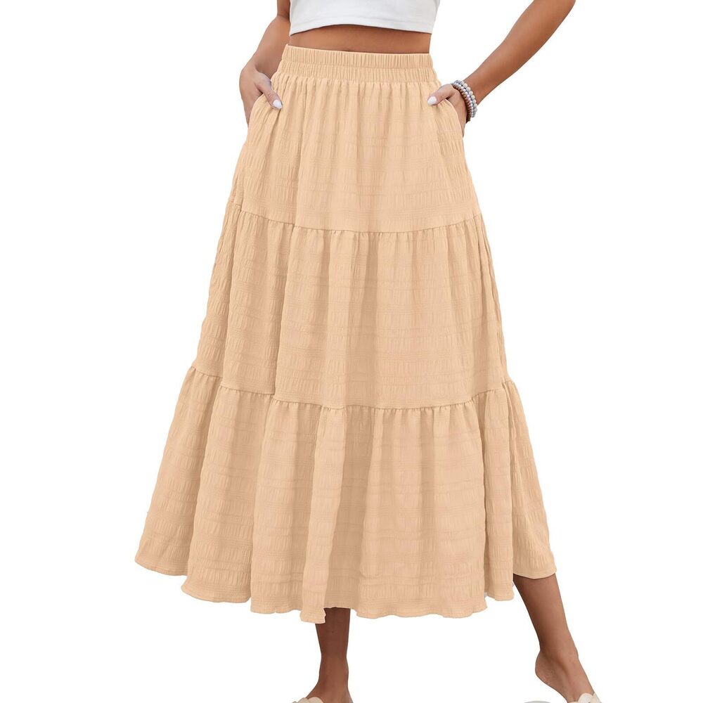 4579 Teacher Skirts Trendy Summer Elastic Waist Skirt with Pockets Loose